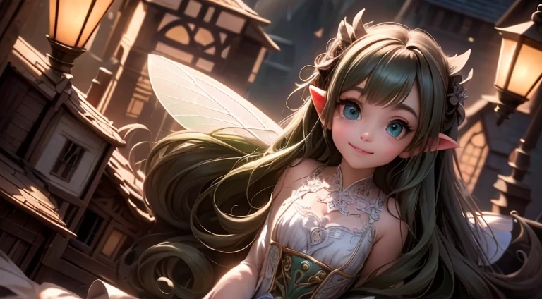 masterpiece, best quality, detailed eyes, 1girl, a cute ((fairy)) smiling at a balcony, (intense green smokey eyes makeup), (pointy ears), (fairy sleveless dress), (leafy dress), traslucent fairy wings), large eyelashes, fantasy magical (village at night), (night scene), (magical lanterns), looking at viewer, (((full body))), Cinematic Light, Ray tracing, Depth of field, light source contrast,