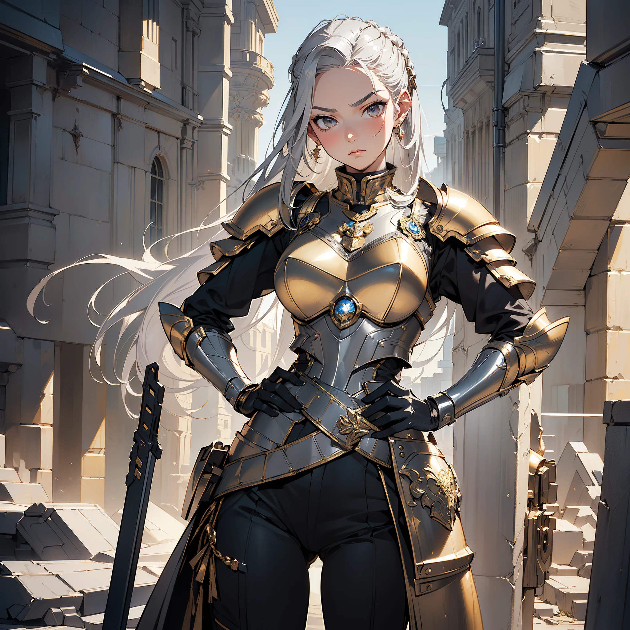 (masterpiece), (ultra-detailed), (masterpiece), (best-quality), (ultra-detailed), 1female, solo focused, silver-grey hair, long hair, hair slicked back, ((detailed eyeeautiful, fully body, stern expression, soldier, hand on hip, armored, golden armor, looking at viewer, head tilt, weapon-strapped-to-waist, general