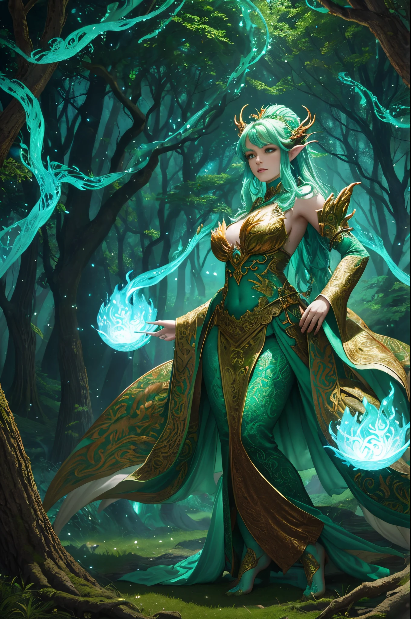 In a mystical forest, a dragon woman, scales aglow with iridescence, breathes emerald fire onto an ancient tree, the verdant flames weave through the bark, transforming leaves into ethereal embers, runes glow, limbs extend with arcane energy, birthing a sentient entity—a guardian born of dragon's breath and ancient wood.