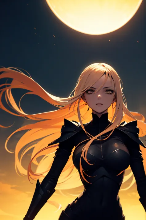 female villain, beautiful flowing hair, detailed, standing,upper body, skinny, black solar eclipse, esoteric,