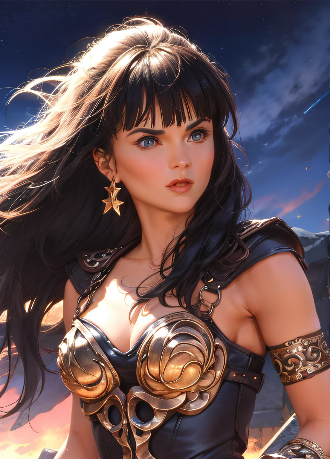 (Xena) (hermoso rostro) (Buen cuerpo) (Altamente detallado) (la más alta calidad) (Fondo de estrellas)