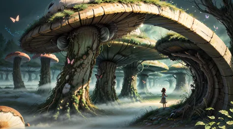 "Magical encounter, young girl exploring, gigantic mushroom, ethereal butterflies, misty wonderland, enchanting