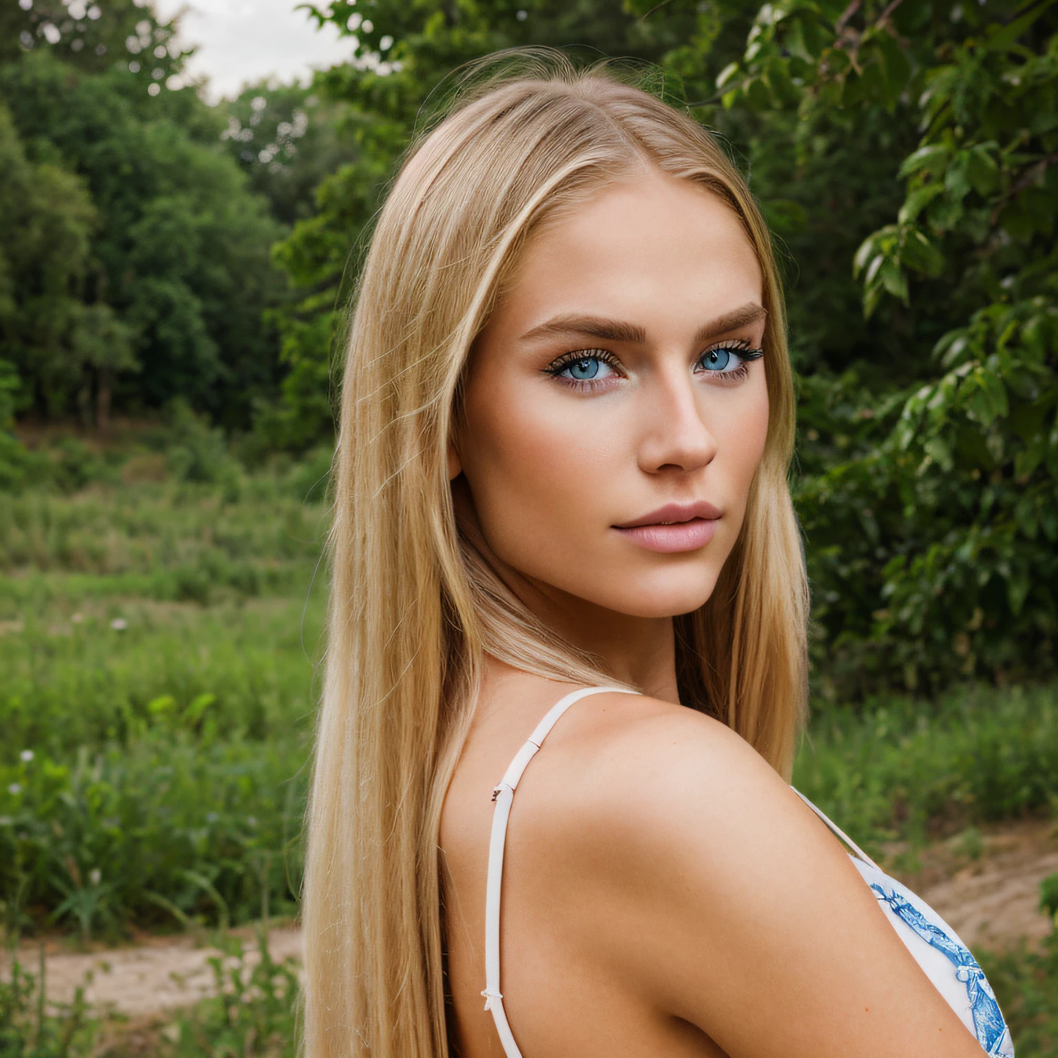 Hyperrealismus, junges blondes schönes Mädchen, langes blondes Haar, Blaue Augen, ca. 20-22 Jahre altes Modell, fotorealistisch, Realismus, Natur Hintergrund, Schauen und sich in die Kamera drehen, VORNE
