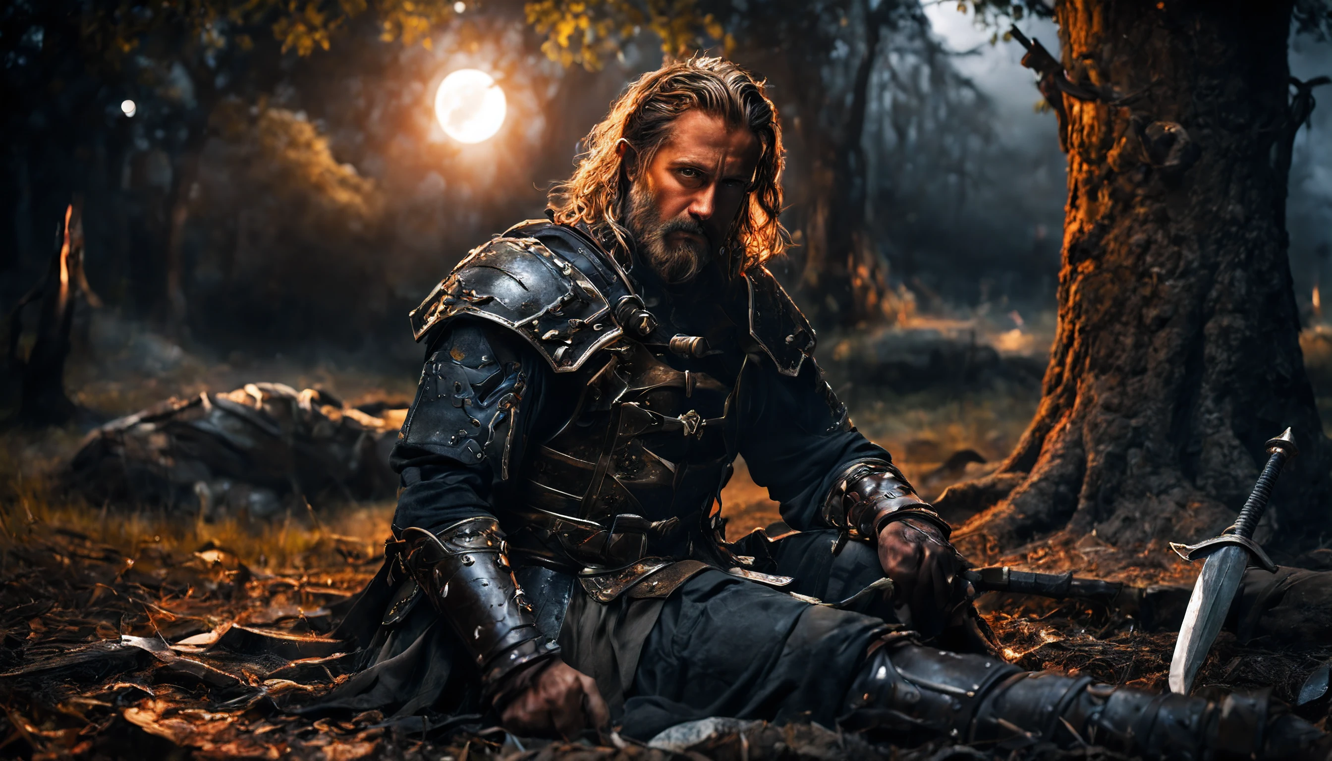 (Best Quality, Ultra-detailed, Realistic), warrior resting, next to a tree, It's dark night, the sword lies on the ground next to him, Detailed armor, moon light, calm expression on his face, Worn-out clothes, peaceful atmosphere, Starry sky, heightened senses ,deep-shadows, low fire,