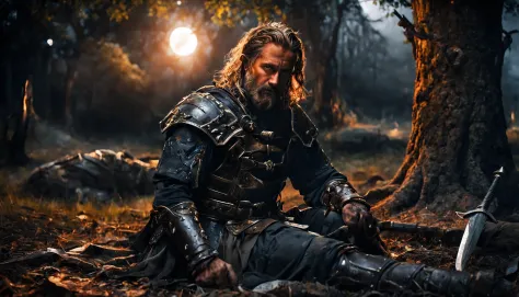 (Best Quality, Ultra-detailed, Realistic), warrior resting, next to a tree, It's dark night, the sword lies on the ground next t...