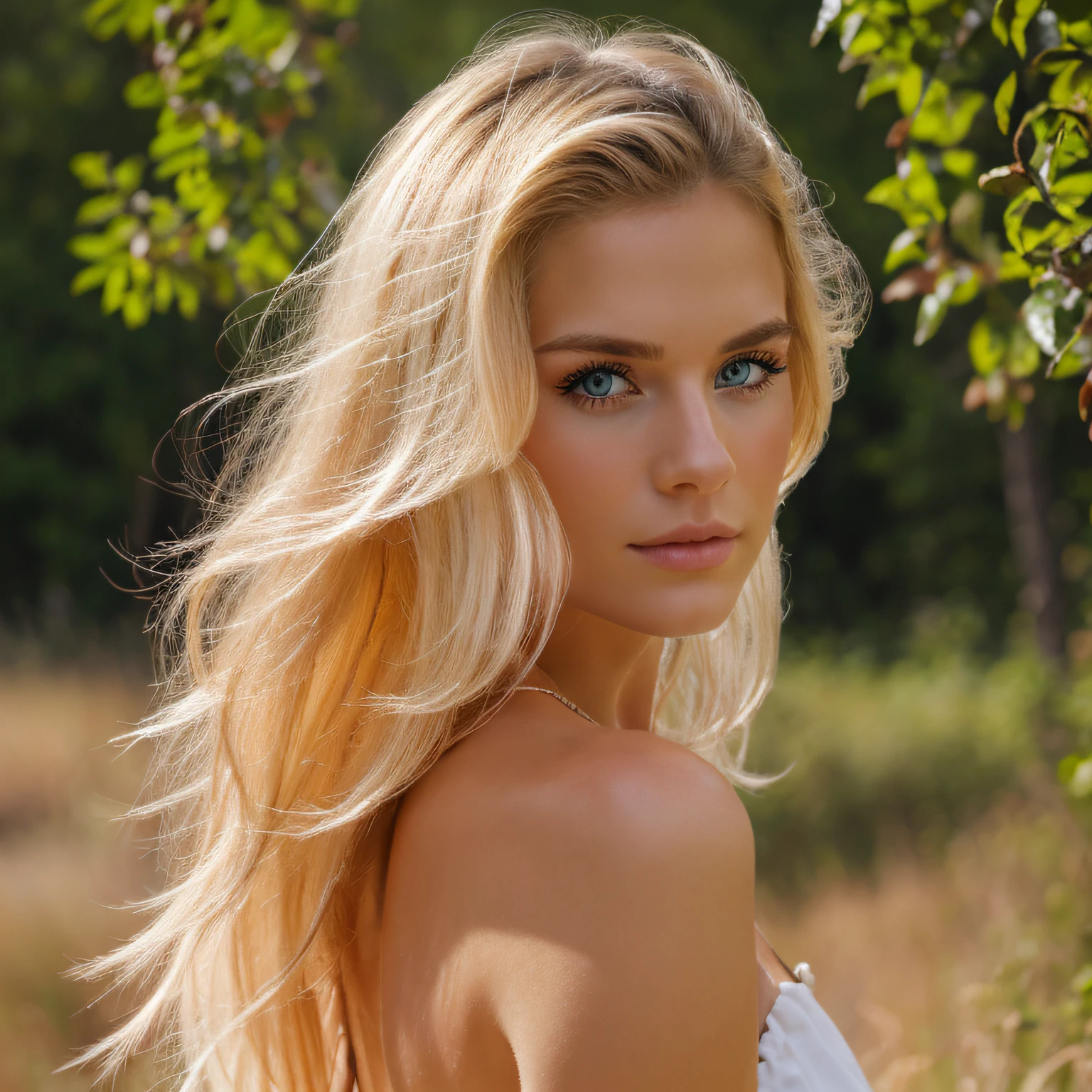 hyperrealism, young blonde beautiful girl, long blonde hair, blue eyes, around 20-22 years old model, photorealistic, Realism, nature background, looking and turning into the camera, front look