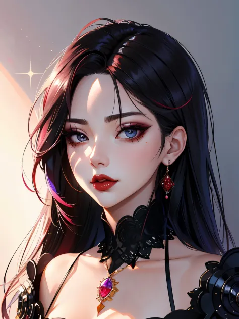 1girl in, 独奏, jewelry, rose hair, necklace, red-lips, long hair, covered eyes, lipstick, makeup, upper-body, closed mouth,  gown...