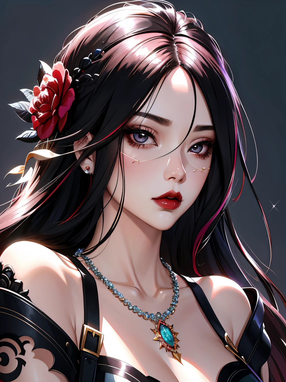 1girl in, 独奏, Jewelry, rose hair, necklace, red-lips, Long hair, covered eyes, lipstick, makeup, upper-body, closed mouth,  gown, hair above one eye, 鎖骨,  gown,Spectrum Theme,bad-girl, large breasts,sparkly skin,(mature female),Chic, Snthwve style, nvinkpunk Close-up portrait of a face (((sks person))), Smooth soft skin, big dreamy eyes, Beautiful intricate dyed hair, Symmetrical, anime wide eyes, soft-lighting, Detailed Face, makoto sinkai, by stanley artgerm lau, WLOP, rossdraws, Concept art, Digital Painting, looking up at the camera