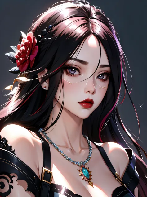 1girl in, 独奏, Jewelry, rose hair, necklace, red-lips, Long hair, covered eyes, lipstick, makeup, upper-body, closed mouth,  gown...