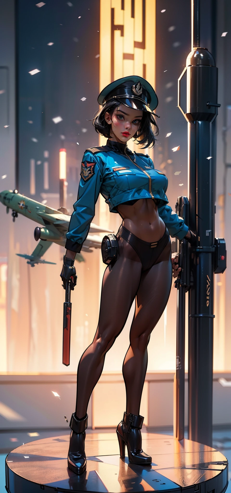 1female，35yo，plumw，extremely large bosom， 独奏，（Background with：Huge machinery，droid，aerodrome，Planes，Huge mechanical armor，） She has very short black hair，bobo head，Stand on the plane，，seen from the front， hair straight， mostly cloudy sky，（（（tmasterpiece），（Very detailed CG unity 8K wallpaper），best qualtiy，cinmatic lighting，detailed back ground，beatiful detailed eyeright pupillue eyes，Snow-whiteskin，Redlip（Very fine and beautiful），（Beautiful and detailed eye description），ultra - detailed，tmasterpiece，））facing at camera，A high resolution，ultra - detailed），revealing breastare genitalia，  Bulge，legs are open，Raised sexy，Camel toelushed complexion，Desire for dissatisfaction，frontage，Indian Air Force，Aviator，Officer's cap（Wearing：Dark green baseball jacket，Black pantyhose，Bare breasts）scifi style