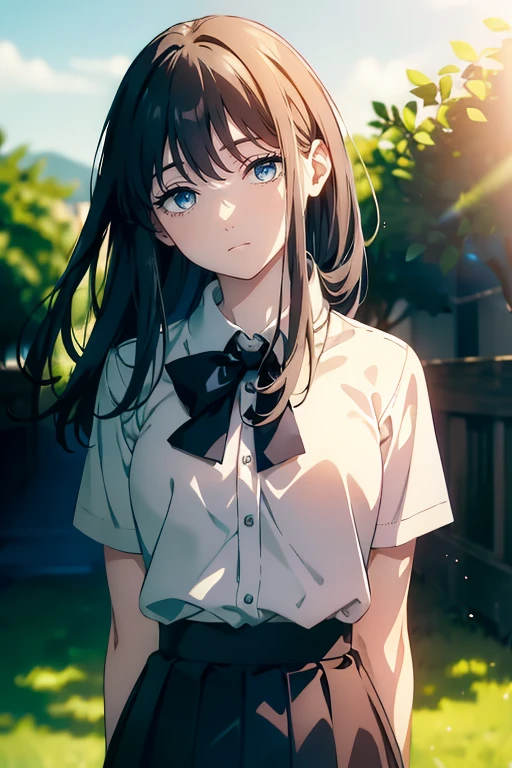 (Obra maestra, La mejor calidad, ultrahigh resolution), 1girl, standing, school uniform, white office shirt, black pleated skirt, ((light brown hair:0.7)), long hair cut, pale skin, ((blue eyes)), glowing_eyes, neon eyes, (ultra detailed eyes, beautiful and detailed face, detailed eyes), ((centered)), smile, ((wide shot)), facing viewer, eye level, (blurry background, bright summer background), flat chested, looking at viewer, ((half closed eyes)), ((perfect hands)), (((head, arms, hips, elbows, in view))), ((hands behind back)), empty eyes, beautiful lighting, outside, outdoors, background, defined subject, 25 years old