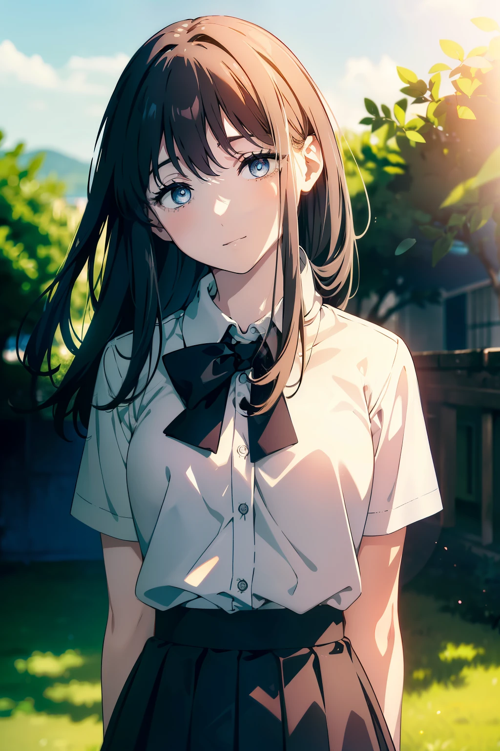 (Obra maestra, La mejor calidad, ultrahigh resolution), 1girl, standing, , white office shirt, black pleated skirt, ((light brown hair:0.7)), long hair cut, pale skin, ((blue eyes)), glowing_eyes, neon eyes, (ultra detailed eyes, beautiful and detailed face, detailed eyes), ((centered)), smile, ((wide shot)), facing viewer, eye level, (blurry background, bright summer background), flat chested, looking at viewer, ((half closed eyes)), ((perfect hands)), (((head, arms, hips, elbows, in view))), ((hands behind back)), empty eyes, beautiful lighting, outside, outdoors, background, defined subject, 25 years old