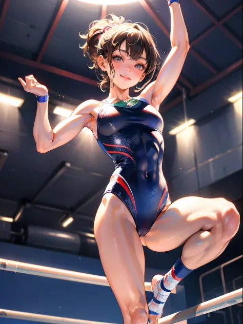 (Best Quality, masutepiece), 1 girl,  gymnast, Trained abs,nice legs,At the gymnastics venue,Detailed beautiful face,Detailed eyes,detailed hairs,detailed  clothes,Detailed realistic skin,Pretty,Smile,Dynamic Angle,from below