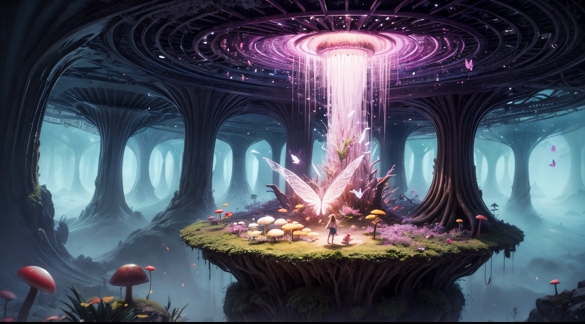 "Magical encounter, young girl exploring, gigantic mushroom, ethereal butterflies, misty wonderland, enchanting