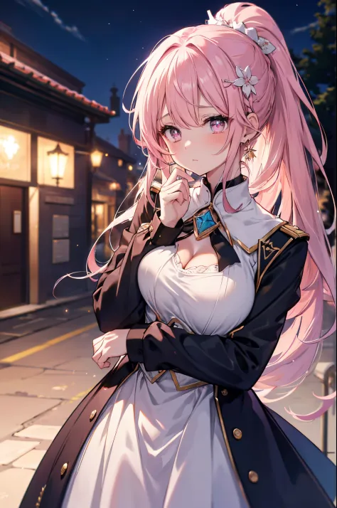 2girls, (wavy ponytail, hair over shoulder, very long hair, very thick hair), pink hairs, (beautiful detailed eyes, pink eyes, star-shaped pupil, diamond-shaped pupils), happy tears or mouth hold handerchief, big breast, cleavage, crescent earrings, goddes...