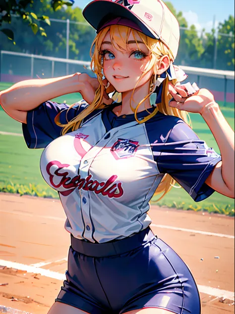 (Best Quality, masutepiece), 1 girl, female softball athlete, large breasts,nice legs,At the softball venue,Detailed beautiful f...