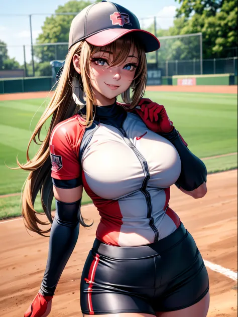 (Best Quality, masutepiece), 1 girl, Women's Softball Players, Large breasts,nice legs,At the softball venue,Detailed beautiful face,Detailed eyes,detailed hairs,detailed  clothes,Detailed realistic skin,Pretty,Smile,