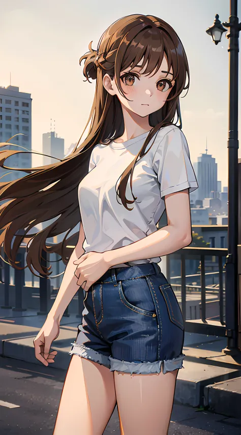 1girl, long light brown hair, brown eyes, wearing plain white shirt, denim shorts, city, absurdres, high res, ultrasharp, 8k, ma...