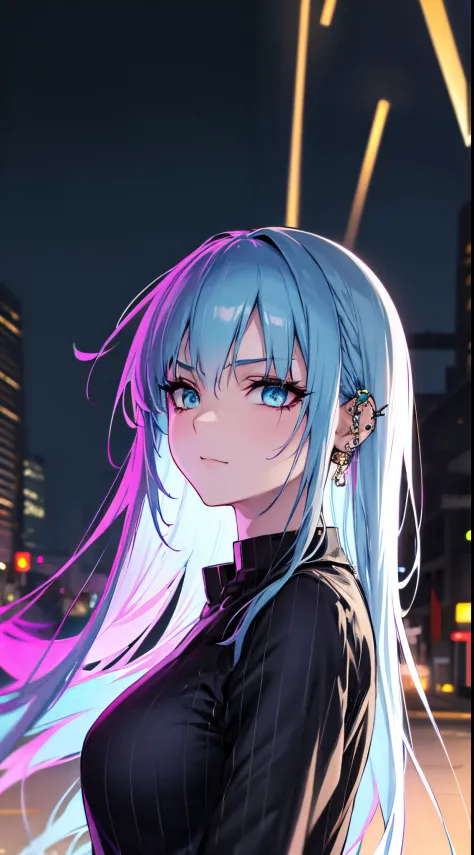 anime women, dark outfit with aqua blue details, white hair, (golden dragon eyes) standing in a rain soaked, city street at night, photorealistic, cinematic lighting (best quality:1.2),ultradetailed,(photorealistic:1.37), neon lights, vivid colors,bokeh,[r...