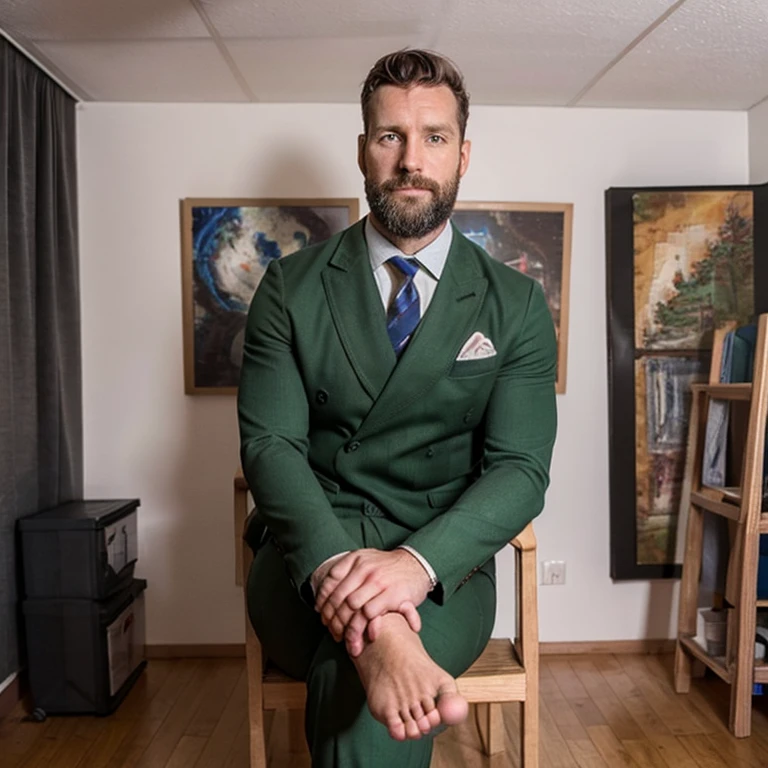 masculine, bearded 35 years old male doctor  wearing a dark green suit and barefeet. He  growing proportionally and looking huge in his studio. His feet are visible in the picture.