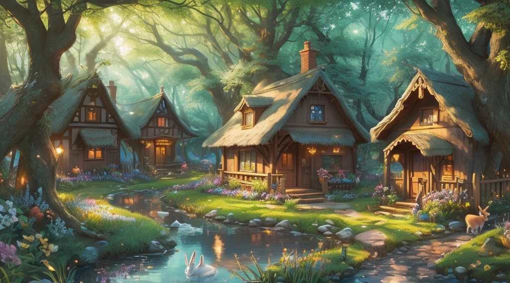 (best quality,4k,highres,masterpiece:1.2),ultra-detailed,white rabbit village,adorable,white rabbit house,whimsical village,fairy tale atmosphere,cute bunnies,storybook setting,fantasy theme,fluffy rabbits,peaceful ambiance,picture-perfect landscape,charming cottages,vibrant colors,storybook illustration,soft lighting,nature-inspired,storybook colors,enchanted forest,playful rabbits,endless greenery,lush meadows,colorful flowers,magical atmosphere,bright blue skies,smiling bunnies,warm sunlight,joyful vibes,serene surroundings,dream-like setting,quaint village scene,nostalgic charm,tranquil environment,wonderful escapade,evoking childhood memories,delightful adventures,fantastic journey,whispering trees,pure innocence,carefree happiness,delicate details,imagination come to life,cheerful atmosphere,whimsical surprises