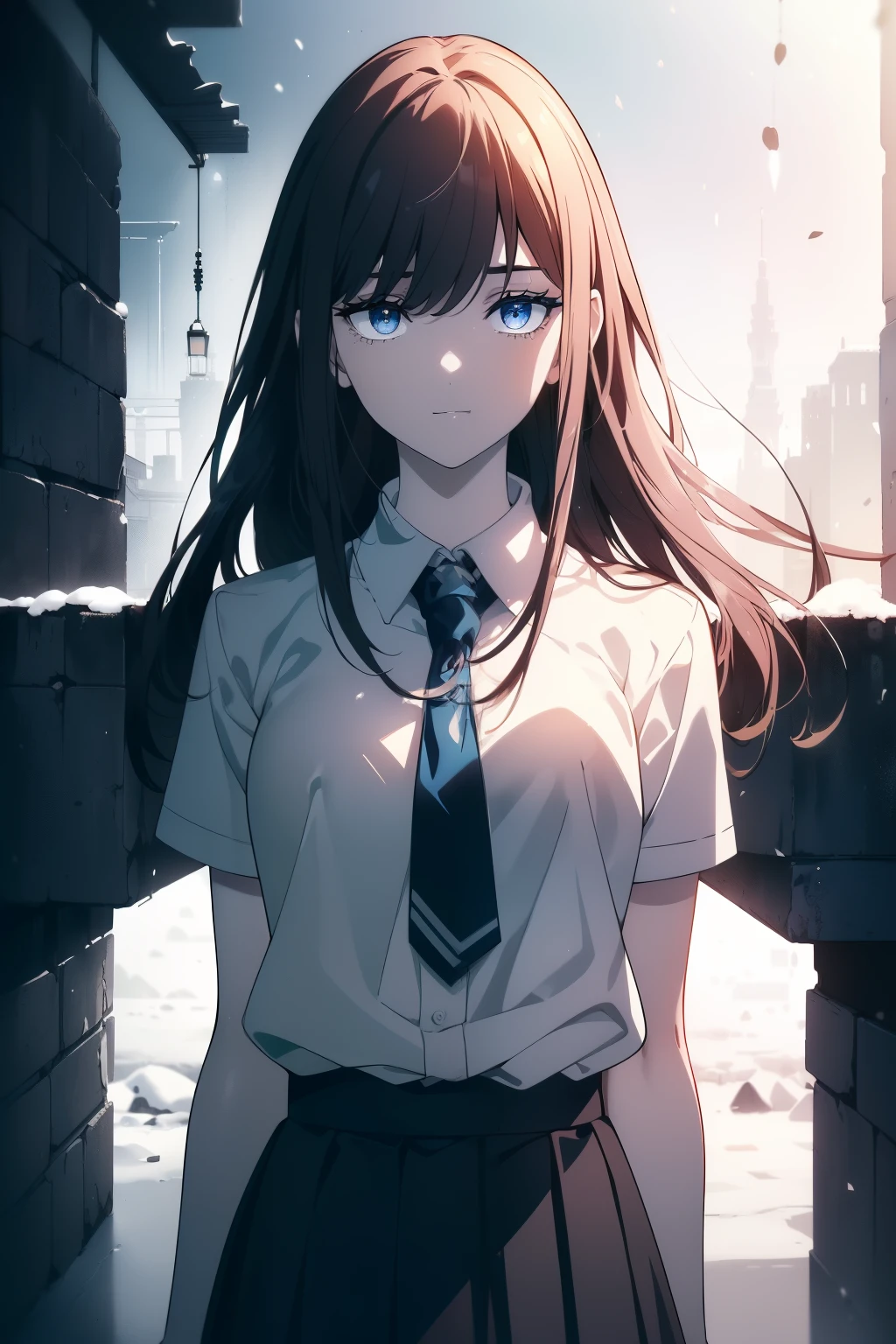 (Obra maestra, La mejor calidad, ultrahigh resolution), 1girl, standing, school uniform, white office shirt, black pleated skirt, ((light brown, light brown hair:0.7), long hair cut, pale skin, ((blue eyes)), glowing_eyes, neon eyes, (ultra detailed eyes, beautiful and detailed face, detailed eyes), ((centered)), smile, ((wide shot)), facing viewer, eye level, (blurry background, bright snowy background, winter), flat chested, looking at viewer, ((half closed eyes)), ((perfect hands)), (((head, arms, hips, elbows, in view))), ((hands behind back)), empty eyes, beautiful lighting, outside, outdoors, background, defined subject, 25 years old,