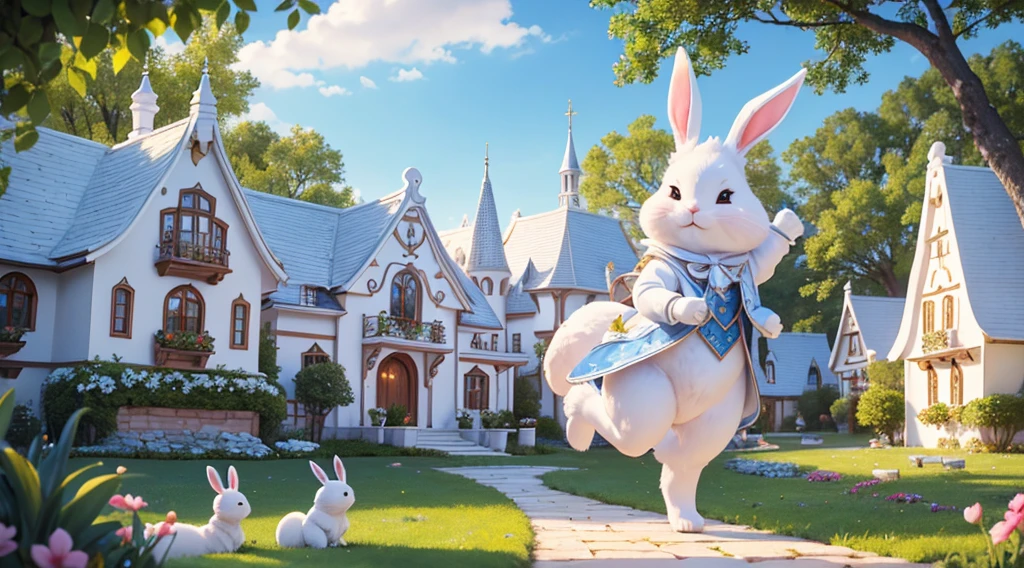 (Best quality at best,4K,A high resolution,tmasterpiece:1.2),（All white tones，ultra - detailed,super complex，White Rabbit Village,whimsical white village）,Fairytale atmosphere,（Cute little white rabbit wearing white exquisite aristocratic clothing）,storybook setting,fantasy themed,furry bunny,Charming white cottage,storybook illustrations,gentlesoftlighting,Naughty rabbit,magical ambiance,Smiling rabbit,warm sunlight,a joyful atmosphere,serene environment,Nice environment