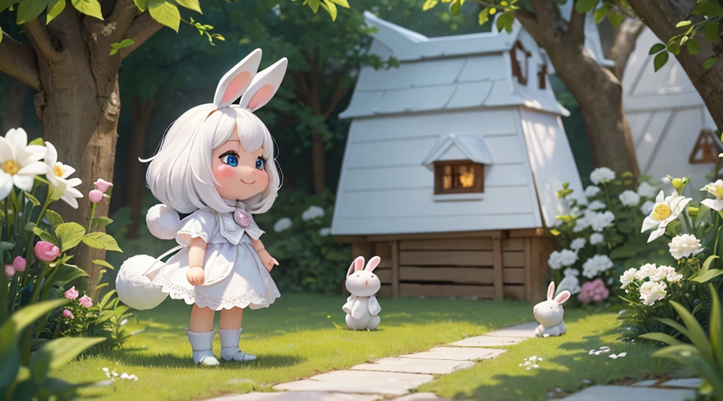 (Best quality,4K,A high resolution,tmasterpiece:1.2),（All white tones，ultra - detailed,super complex，White Rabbit Village,whimsical white village）,Fairytale atmosphere,（Cute little white rabbit wearing white exquisite aristocratic clothing）,storybook setting,fantasy themed,furry bunny,Charming white cottage,storybook illustrations,gentlesoftlighting,Naughty rabbit,Magical atmosphere,Smiling rabbit