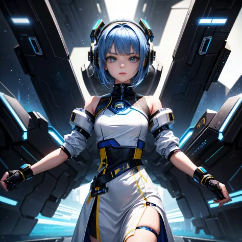 serene landscape with a girl on the foreground dressed in a white and gold cyber punk style in a dynamic pose wide lens close up