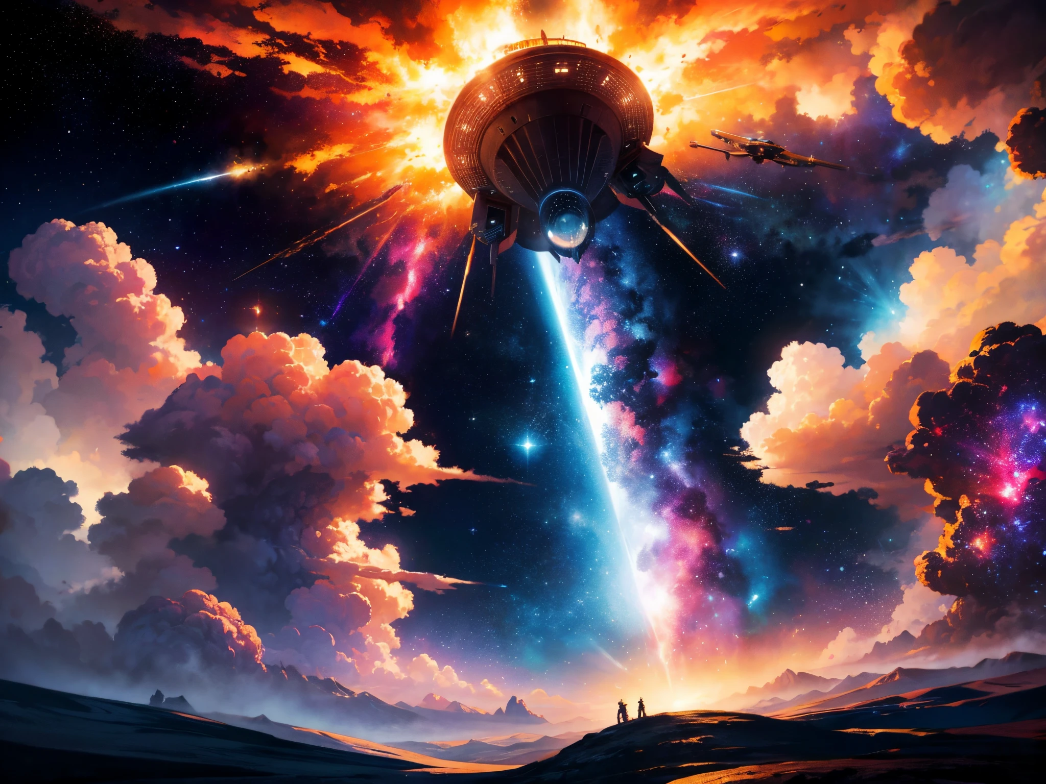 Create a dramatic and cinematic portrayal of the USS Enterprise NCC-1701-D navigating through a vibrant and colorful nebula. Reference the works of space artists like David A. Hardy or Chesley Bonestell.