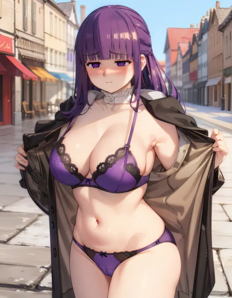 (Best Quality, Masterpiece),sexy,  erotic, 1girl, 18 years old, Contempt, pride, long purple hair, ((purple eyes)), medieval town, ((underwear)), crowd, ashamed, ((((blush)))), closed eyes, public, bra, panties, standing, town square, coat flashing, exhibi...
