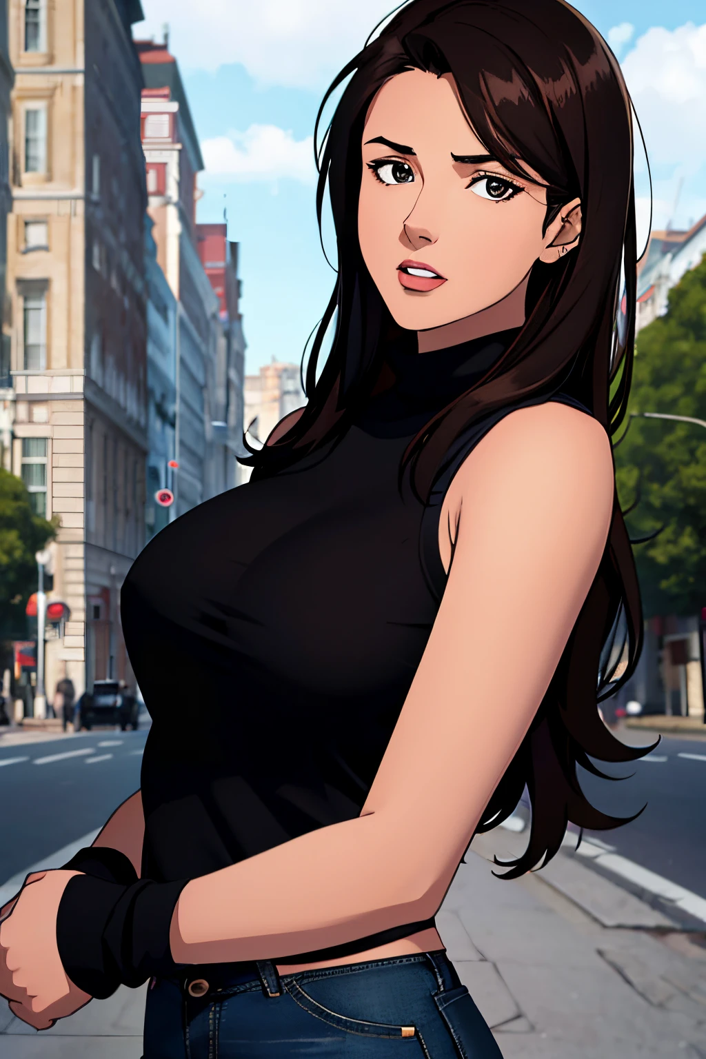 Anime girl in black top and jeans standing on the street - SeaArt AI