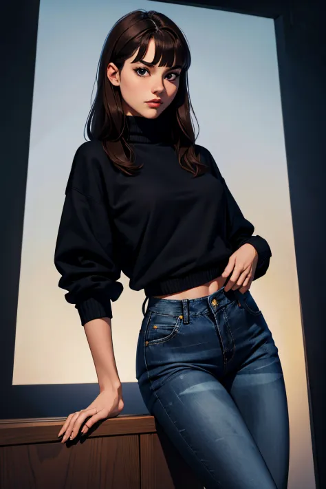 1 girl, 20 years old, long dark brown hair with fringe, black eyes, black sweater blue jeans