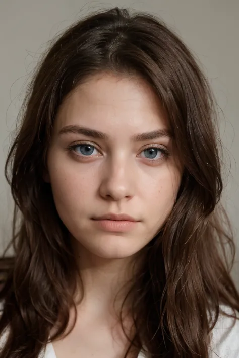 ((best quality)), ((masterpiece)), (detailed), perfect face, age about 20 years old, 1 girl, passport photo, straight photo, serious face, looking into the camera, blue eyes, brown hair, flowing long hair, photo