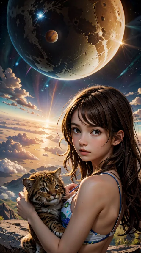 (masterpiece), 1 girl, prehistoric girl, wild girl, wild hair, brown hair, amazed, in pangea, two planets in the sky, wallpaper