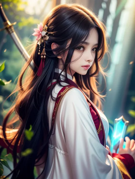 a woman in a white dress holding a sword in a crowd, palace ， a girl in hanfu, flowing hair and long robes, beautiful character ...