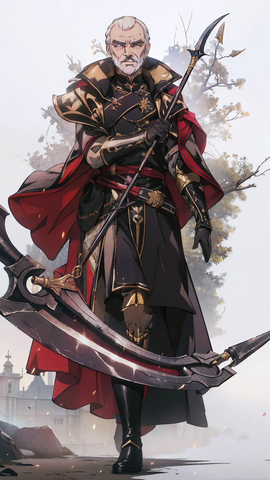 ((sean connery)) dressed in a black Victorian coat with one arm in golden armor holding a giant scythe 4k HD