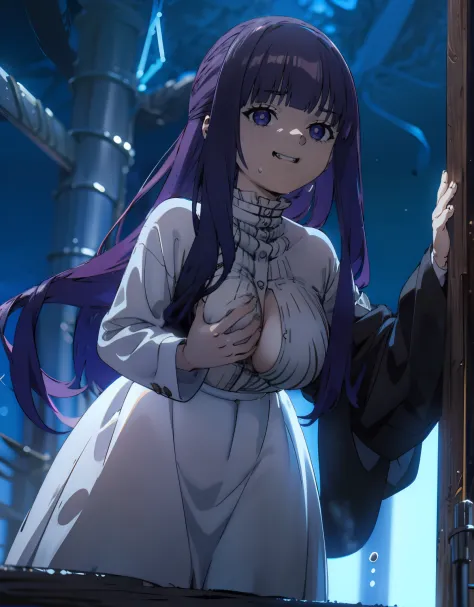 (Best Quality, Masterpiece),sexy, erotic, 1girl, 18 years old, Contempt, pride, long purple hair, looking at viewer, medival tabern, (standing), ((((dark room)))), sweat, ((cleavage)), white dress, from below, looking at viewer, warm light, ((breast grab))...