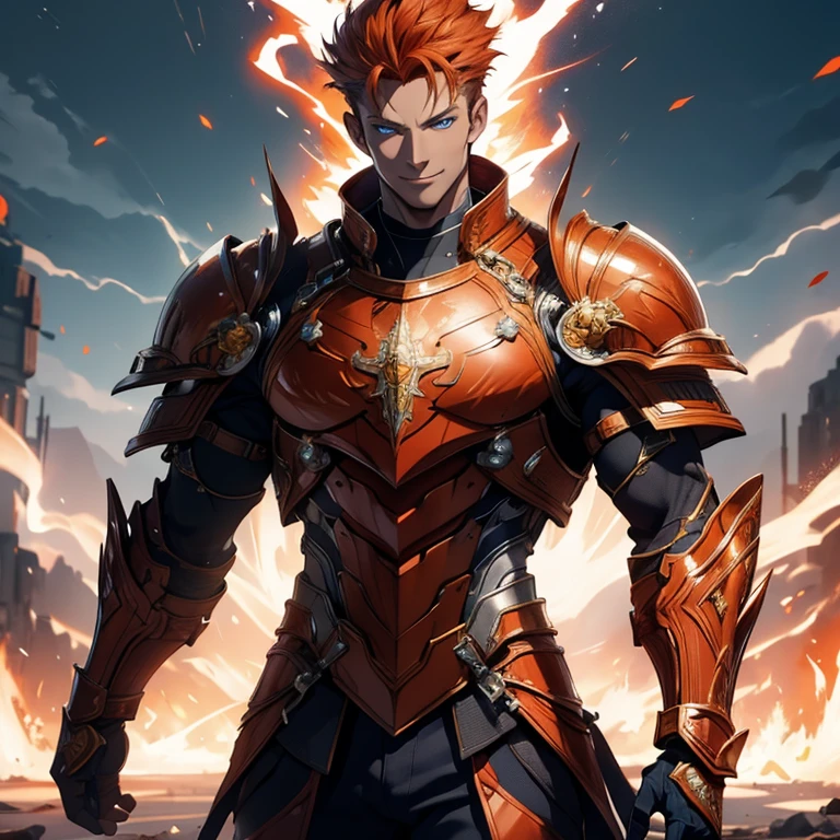 Master piece, 8k, ultra detailed, red armor, tall man, muscular man, orange hair, superiority smile, blue eyes, vulcanic eruption and blue lightning and blue lights on background