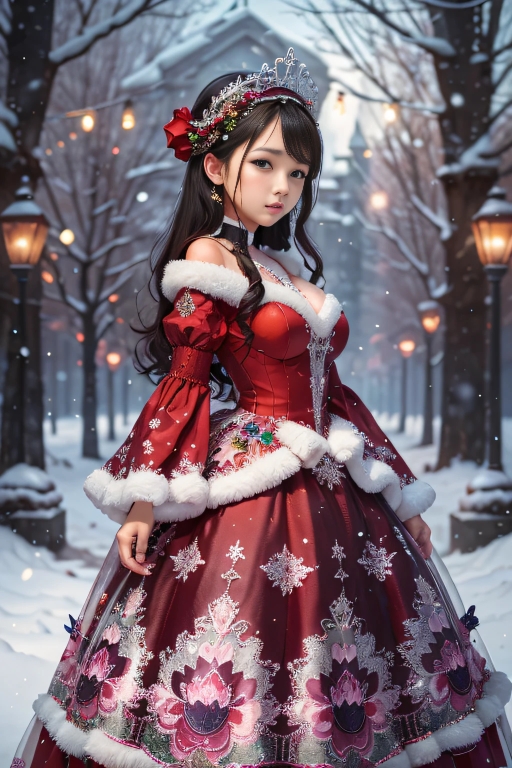 there  a woman in a colorful christmas dress holding a christmas cake, wearing a winter christmas dress made of beads, wearing dress, with colored snow crystals, dressed in a snow crystal, wearing a wonderful dress, colorful winter dress,  an intricate christmas dress, detailed dress, sexy dress, opened dress, wearing a long flowery dress, beautiful dress, 👅 👅