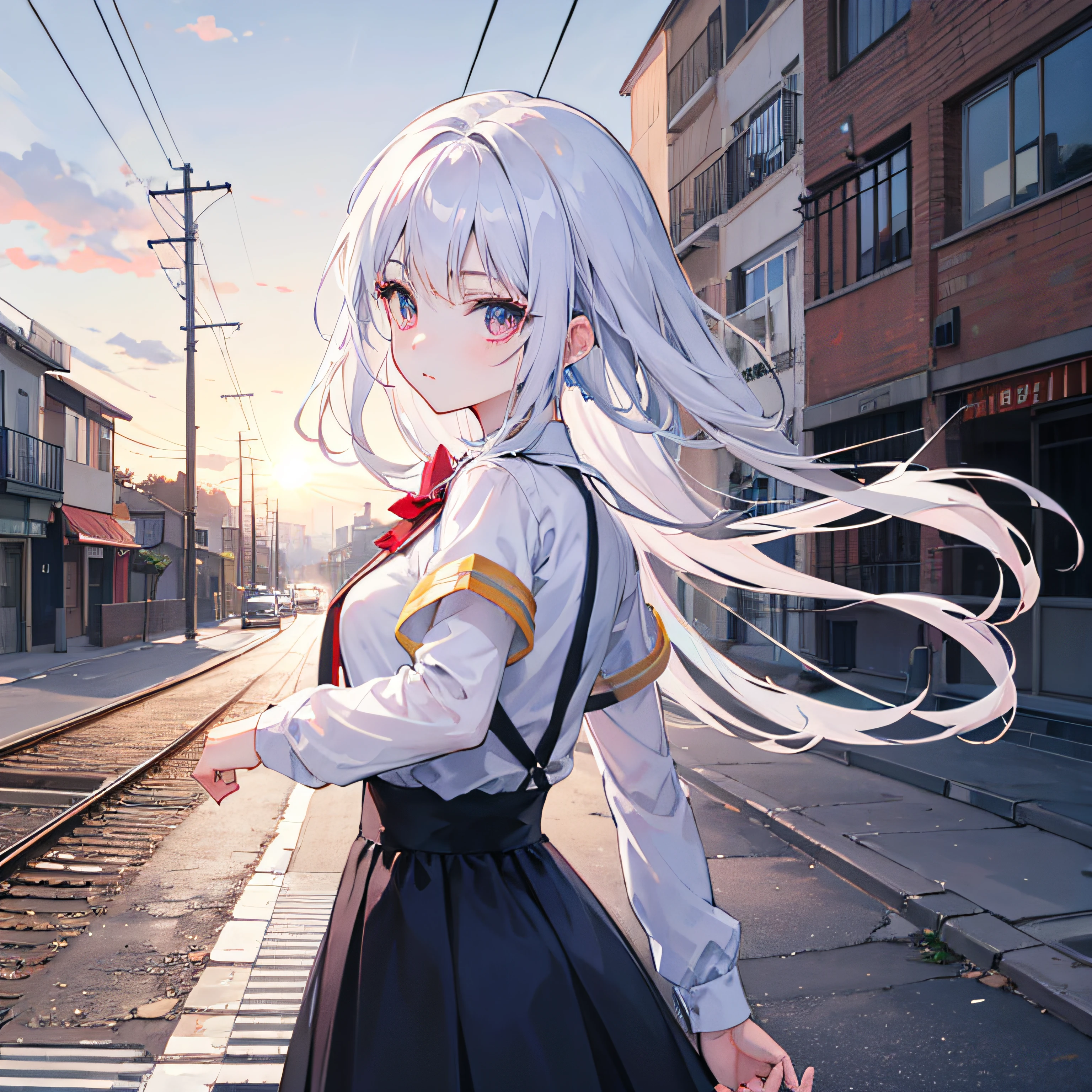 Anime girl with long white hair standing on train tracks - SeaArt AI