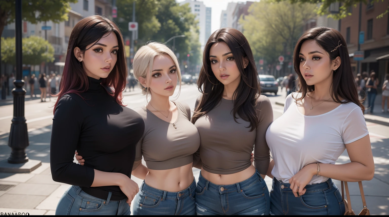 Three women in short skirts posing for a picture on a city street - SeaArt  AI