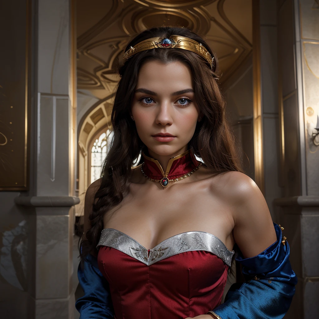 Create a beautiful young woman of approximatel 20 years old Caucasian with blue eyes, very dark hair, wearing Red dress with high collar and golden adornments, with jewels and a Silver crown adorned with sapphires, with a serious countenance inside a castle.