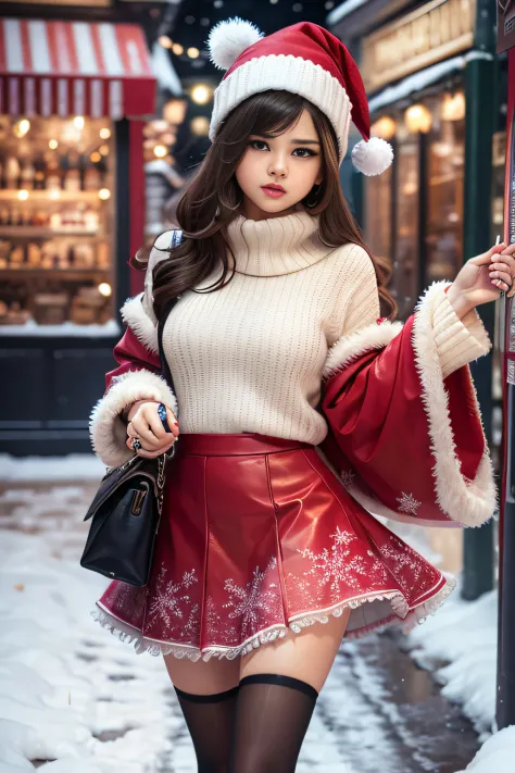 ((selena gomez)) in a colorful christmas skirt holding a christmas cake, wearing a winter christmas skirt, wearing skirt, with c...