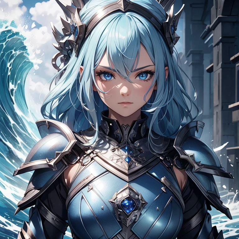 Master piece, 8k, ultra detailed, blue armor, sapphire encrusted, girl, light blue hair, sweet face, navy blue eyes, ocean wave on background