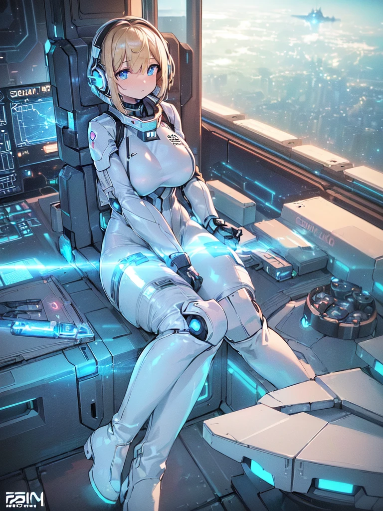 ​masterpiece:1.4, 1girl in ((20yr old, Wearing a futuristic white and silver costume, Tight Fit Bodysuit, long boots, Very gigantic-breasts, Multicolored blonde hair, a short bob, Perfect model body, Blue eyes:1.2, Wearing headphones, Looking out the window of the futuristic sci-fi space station、While admiring the beautiful galaxy:1.2, SFSF control room on night background:1.1, Neon and energetic atmosphere:1.2)) ((Galaxy))Translucent skin,White bodysuit, Mechanical, Cowboy Shot, spaces, Sitting, From  above, Large breasts, bones