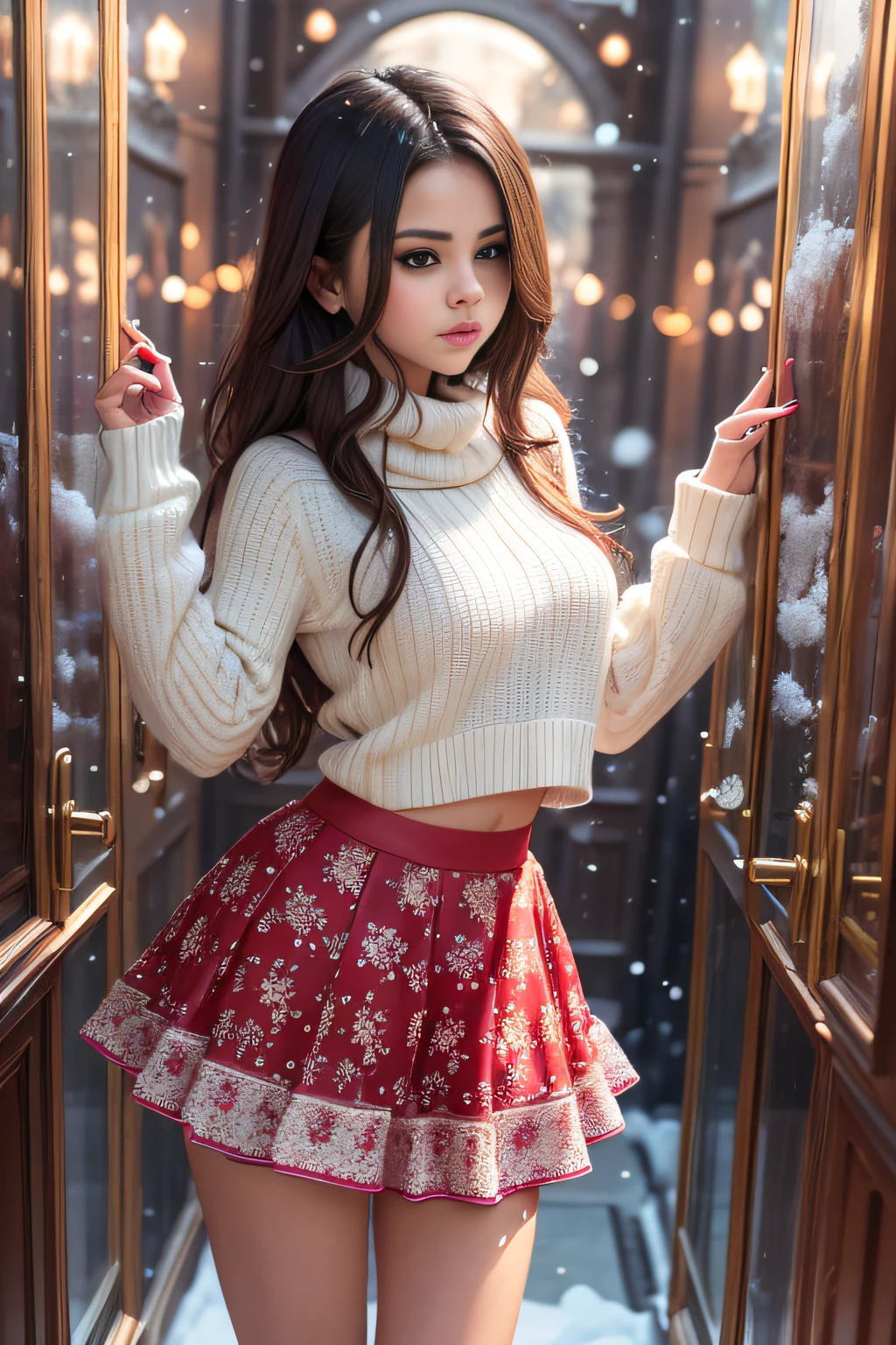 ((Selena Gomez)), (masterpiece), (piece of art), (award winning picture),  in a colorful christmas skirt holding a christmas cake, wearing a winter christmas skirt, wearing skirt, with colored snow crystals, dressed in a snow crystal, wearing a wonderful skirt, colorful winter skirt,  an intricate christmas skirt, detailed skirt, sexy dress, opened skirt