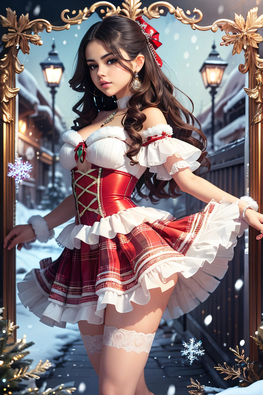 ((Selena Gomez)), (masterpiece), (piece of art), (award winning picture),  in a colorful christmas skirt holding a christmas cake, wearing a winter christmas skirt, wearing skirt, with colored snow crystals, dressed in a snow crystal, wearing a wonderful skirt, colorful winter skirt,  an intricate christmas skirt, detailed skirt, sexy dress, opened skirt