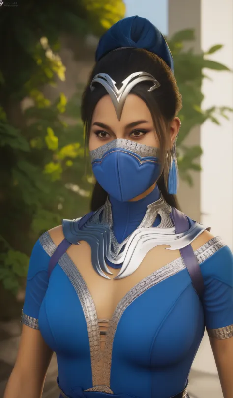 kitana mk1, cabelos pretos, olhos castanhos,  jewelries, vestido azul, clivagem,  mouth mask, 
olhando para o viewer, jardim rea...