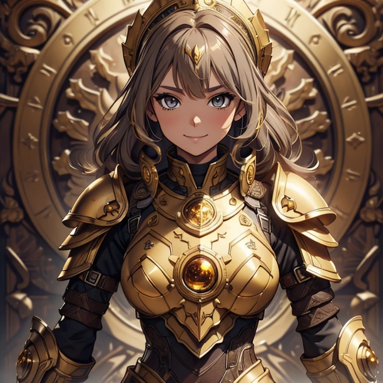 Master piece, 8k, ultra detailed, dark brown armor, yellow topaz encrusted, girl, chocolate color hair, smiley face, browny grey eyes, montain background